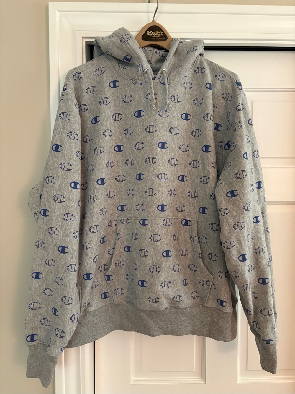 Champion Gray Hoodie with All-Over Blue Logo Print